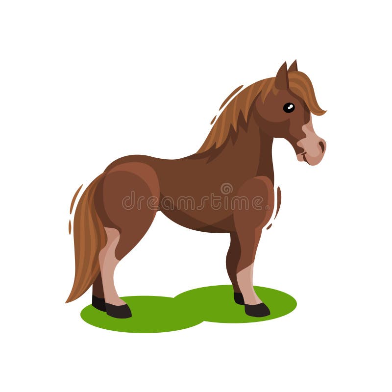 Brown horse standing on green grass, side view. Solid-hoofed animal with beautiful mane and long tail. Graphic element for poster or children book. Flat vector design isolated on white background. Brown horse standing on green grass, side view. Solid-hoofed animal with beautiful mane and long tail. Graphic element for poster or children book. Flat vector design isolated on white background.